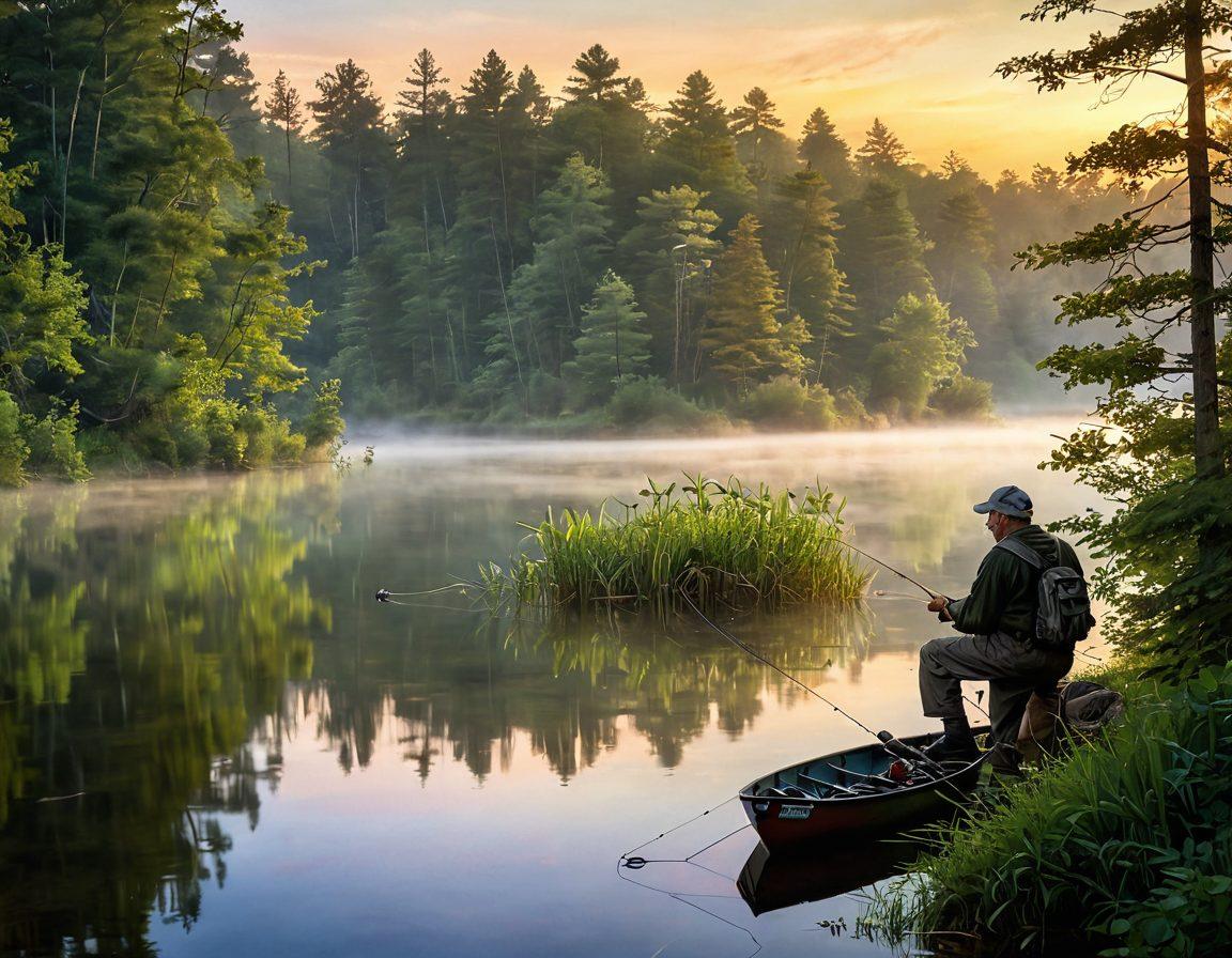 A serene lakeside scene at dawn, showcasing an experienced angler casting their line with precision, surrounded by misty waters and lush greenery. Various fishing tools like rods, lures, and tackle boxes neatly arranged nearby. Soft, warm colors illuminate the setting, capturing the tranquility and skill of the fishing craft. artistic painting. vibrant colors. natural setting.