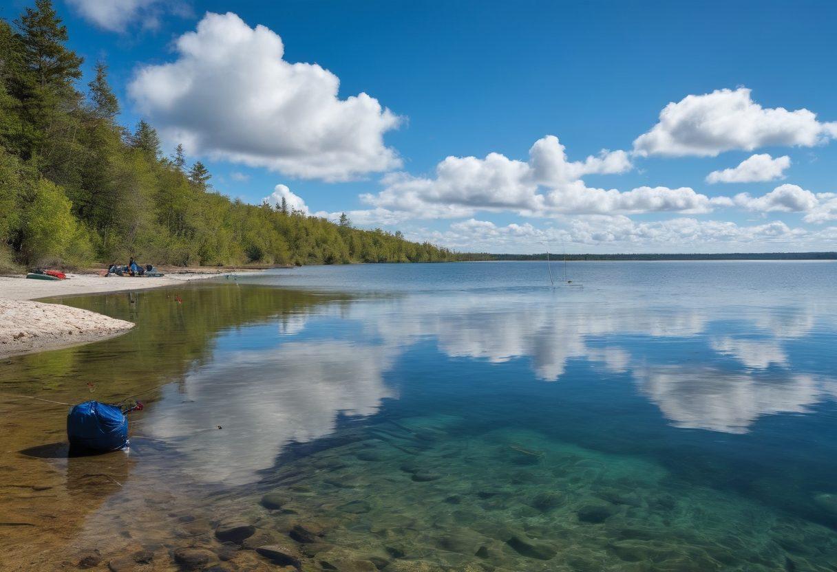 A scenic split landscape featuring a serene freshwater lake transitioning into a vibrant saltwater beach. In the foreground, a selection of fishing poles and kits displayed artfully, showcasing various types such as spinning and fly rods. In the background, a fisherman casting a line on the freshwater side, while another duo is reeling in a catch on the saltwater side. A bright blue sky with fluffy clouds enhances the atmosphere, emphasizing adventure. bright colors. super-realistic.