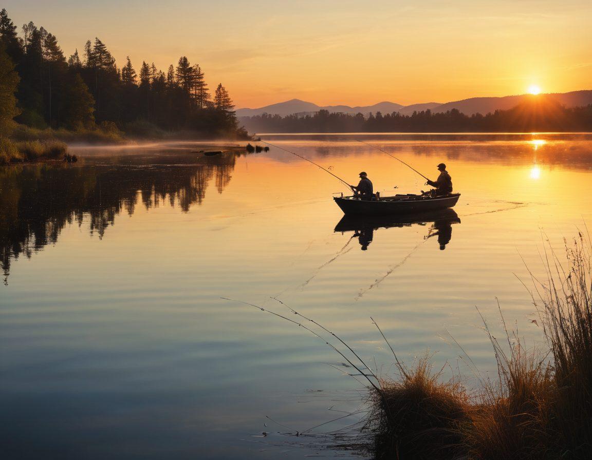 A collage of various fishing rods displayed against a serene lake backdrop at sunrise, showcasing different types and styles of rods. In the foreground, a selection of fishing gear including reels, baits, and tackle boxes are arranged creatively. Include silhouettes of fishermen casting their lines in the distance for a sense of adventure. The overall mood is tranquil and inviting, evoking the joy of fishing. vibrant colors. super-realistic.